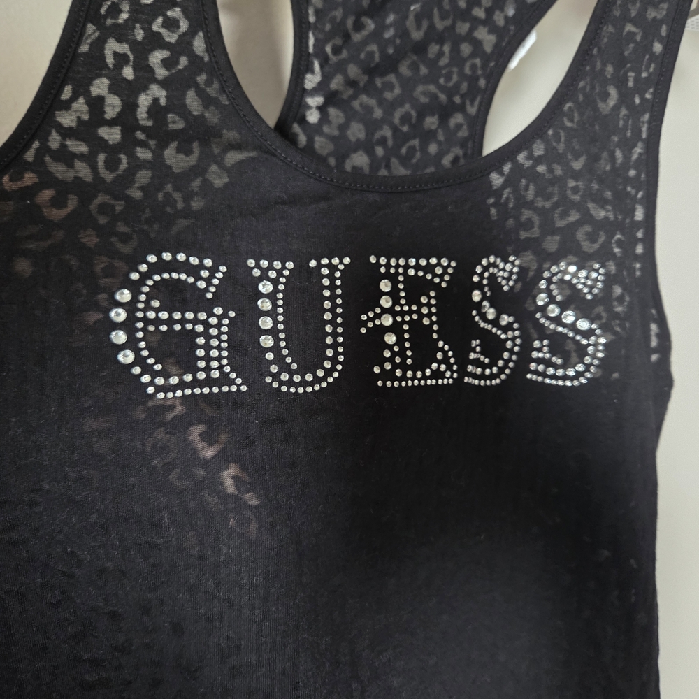 Y2K GUESS Rhinestone Tank -Sheer Leopard Print Racerback